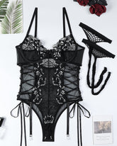 Lace Tie Lingerie Bodysuits With Stockings